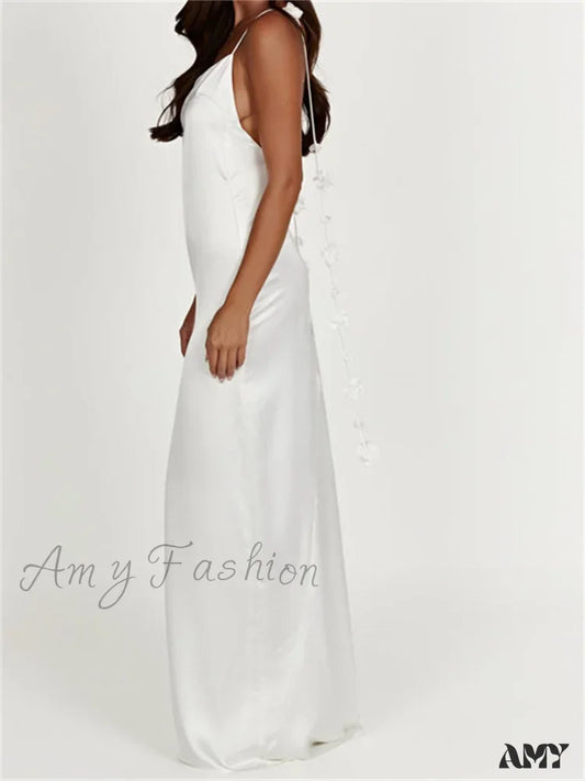 Amy Fashion - Satin Backless Spaghetti Strap For Women Sexy 3D Flower Tassels Party Cocktail Y2K