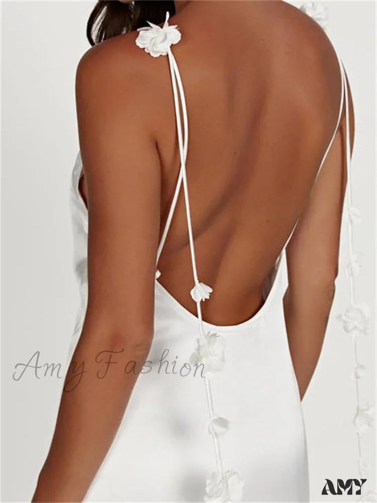 Amy Fashion - Satin Backless Spaghetti Strap For Women Sexy 3D Flower Tassels Party Cocktail Y2K