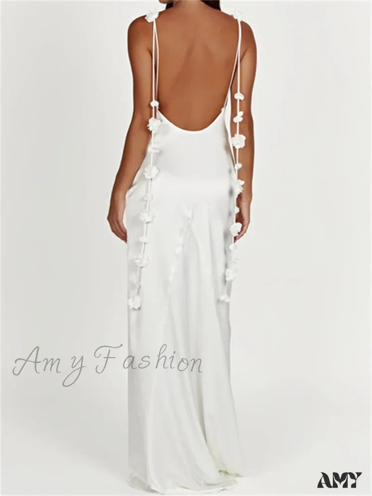 Amy Fashion - Satin Backless Spaghetti Strap For Women Sexy 3D Flower Tassels Party Cocktail Y2K