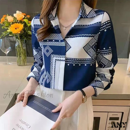 Amy Fashion - Satin Elegant Printing Shirt Blue / S