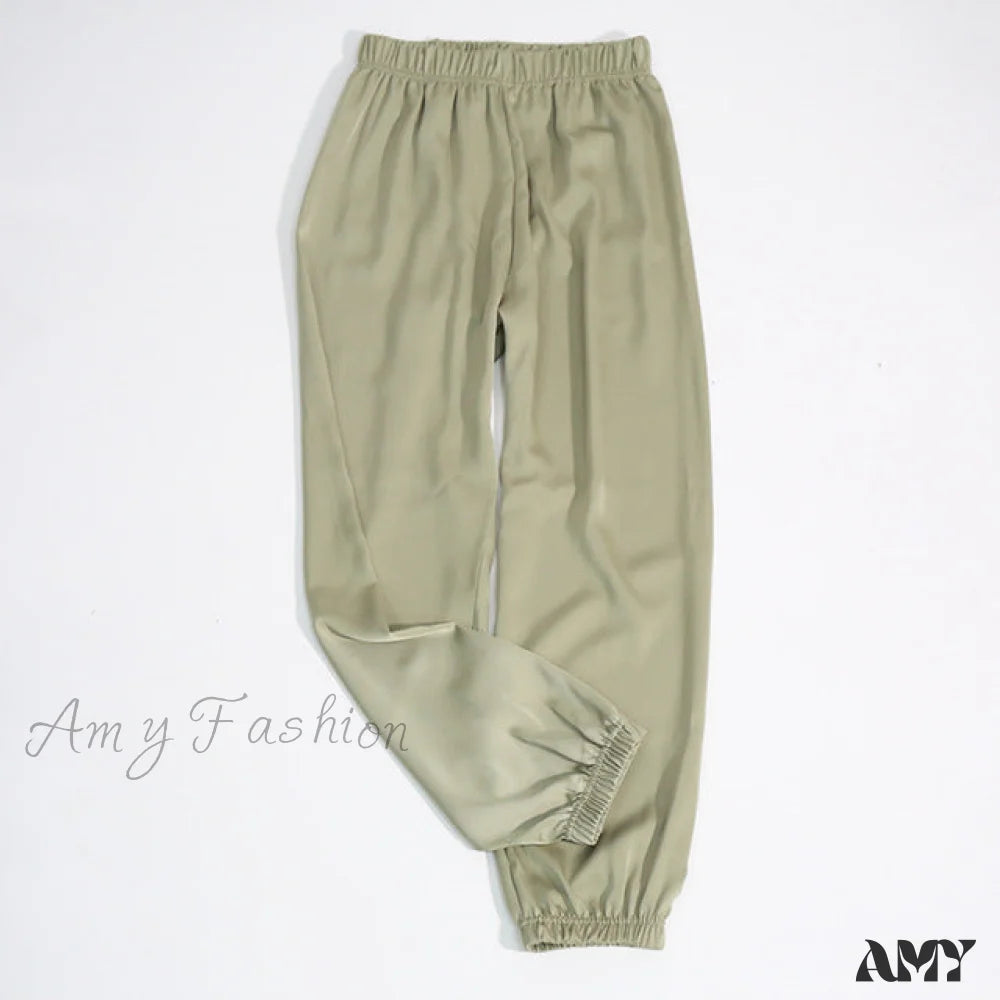 Amy Fashion - Satin Harem Pants Green / One Size