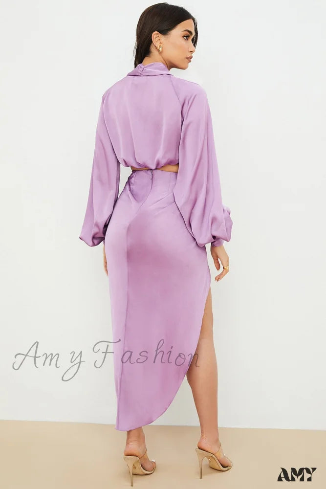 Amy Fashion - Satin High Split Puff Sleeve Women Two Piece Dress