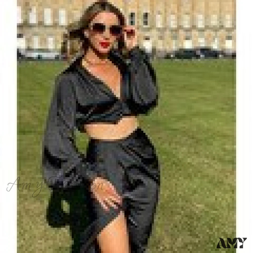 Amy Fashion - Satin High Split Puff Sleeve Women Two Piece Dress Black / M