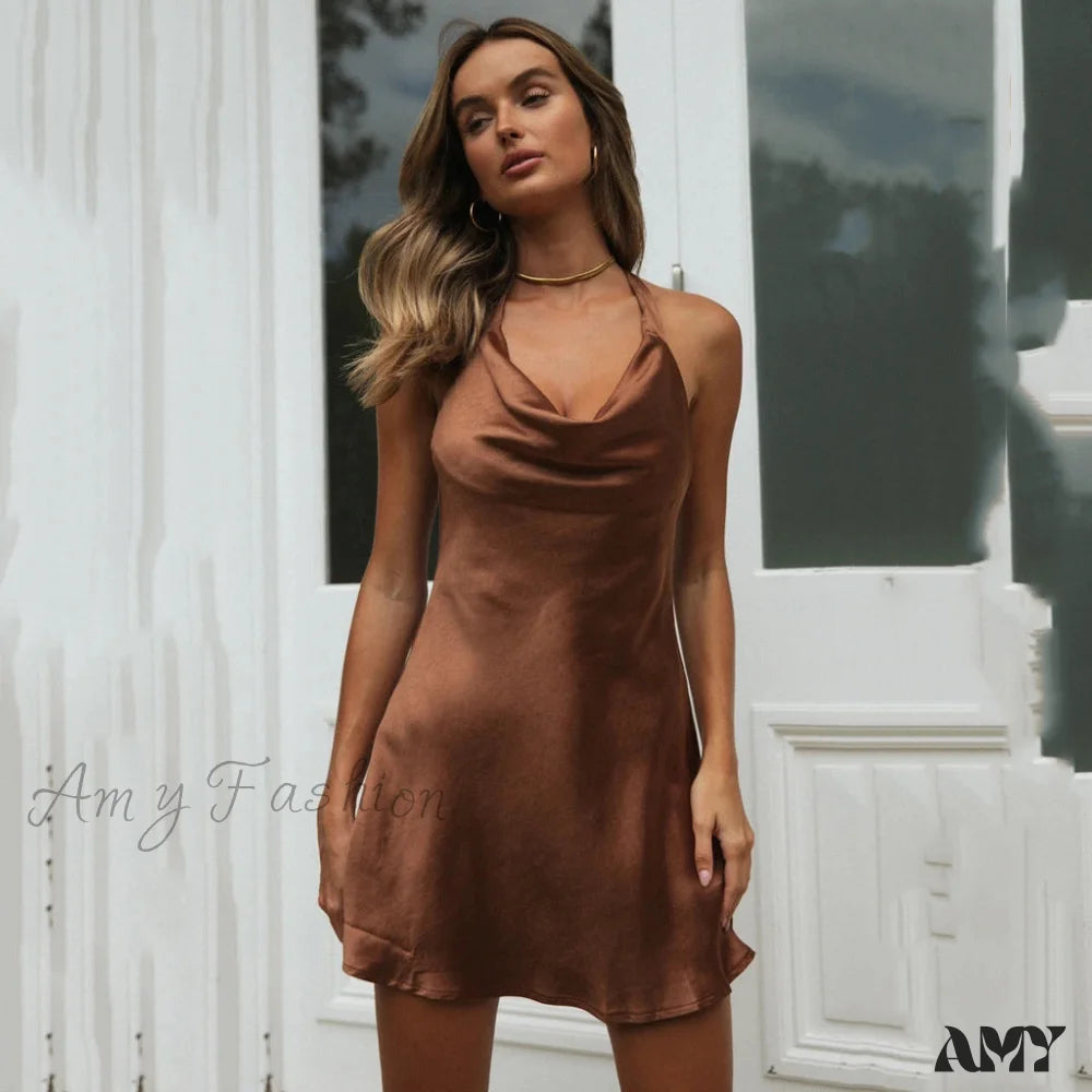 Amy Fashion - Satin Sexy Backless Bandage Bodycon Dresses Dark Brown / L