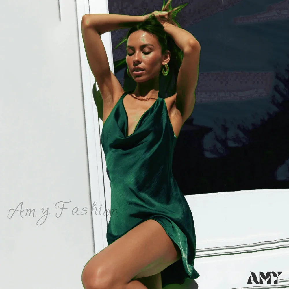Amy Fashion - Satin Sexy Backless Bandage Bodycon Dresses Green / L