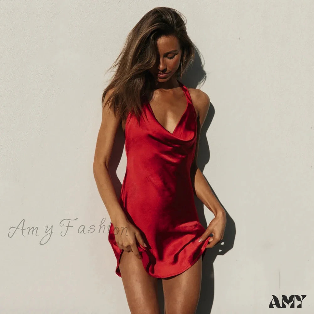 Amy Fashion - Satin Sexy Backless Bandage Bodycon Dresses Red / M