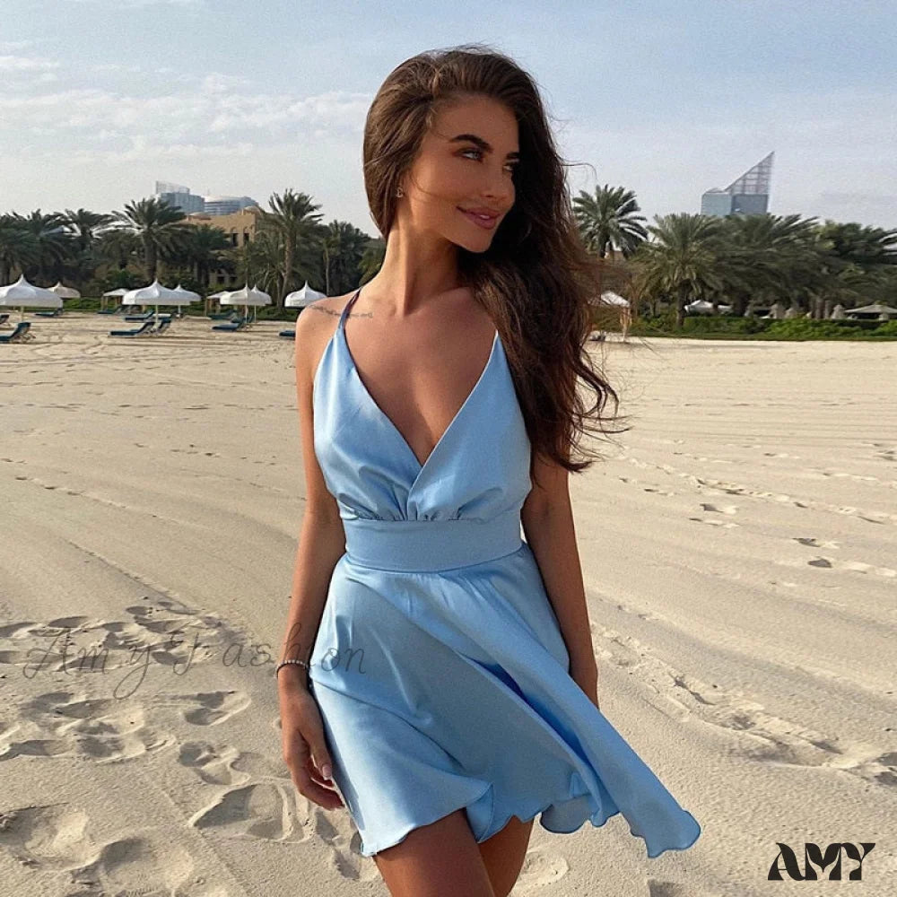 Amy Fashion - Satin Sexy Backless Party Night Club Wrap Mini Dress Light Blue / M