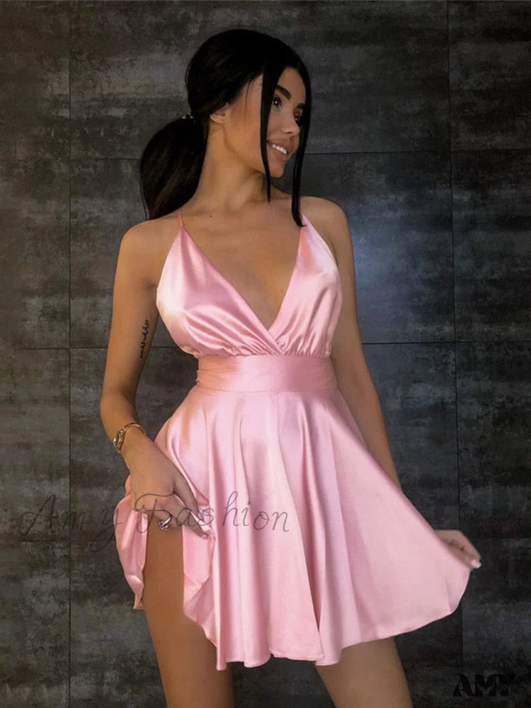 Amy Fashion - Satin Sexy Backless Party Night Club Wrap Mini Dress Pink / M