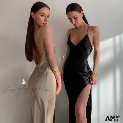 Amy Fashion - Satin Silky Spaghetti Strap Split Long Dress