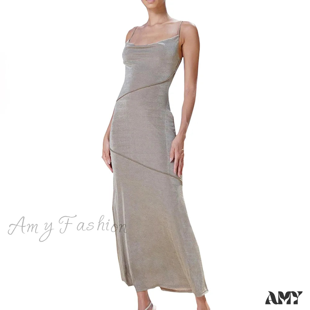 Amy Fashion - Satin Silky Spaghetti Strap Split Long Dress F / S