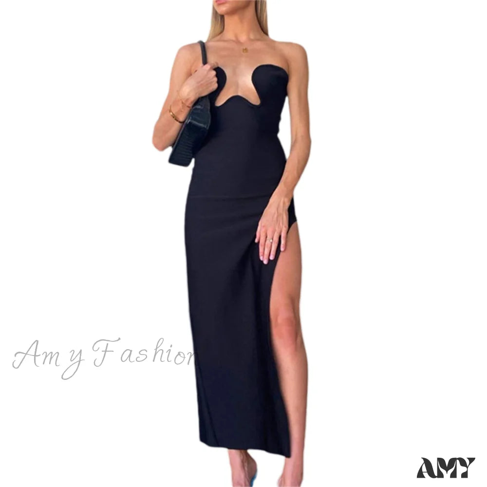 Amy Fashion - Satin Silky Spaghetti Strap Split Long Dress H / S