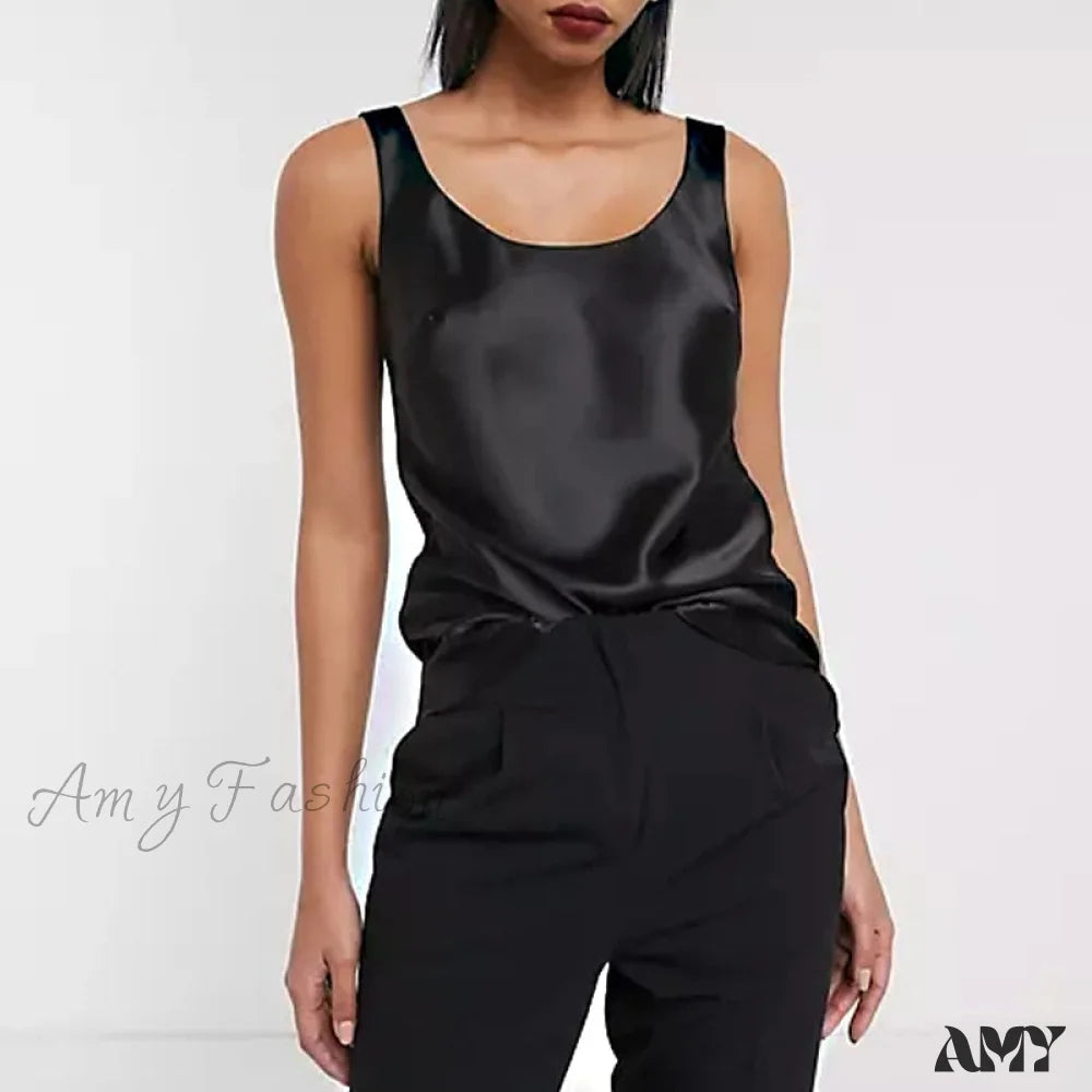 Amy Fashion - Satin Sleeveless Basic Tank Top Black / S