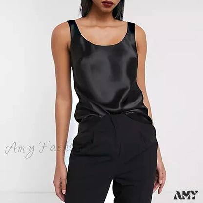 Amy Fashion - Satin Sleeveless Basic Tank Top Black / S