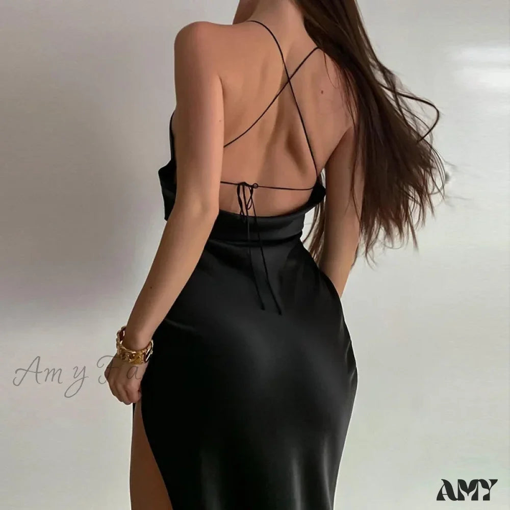 Amy Fashion - Satin Spaghetti Strap Summer Split V-Neck Elegant Sleeveless Backless Club Party