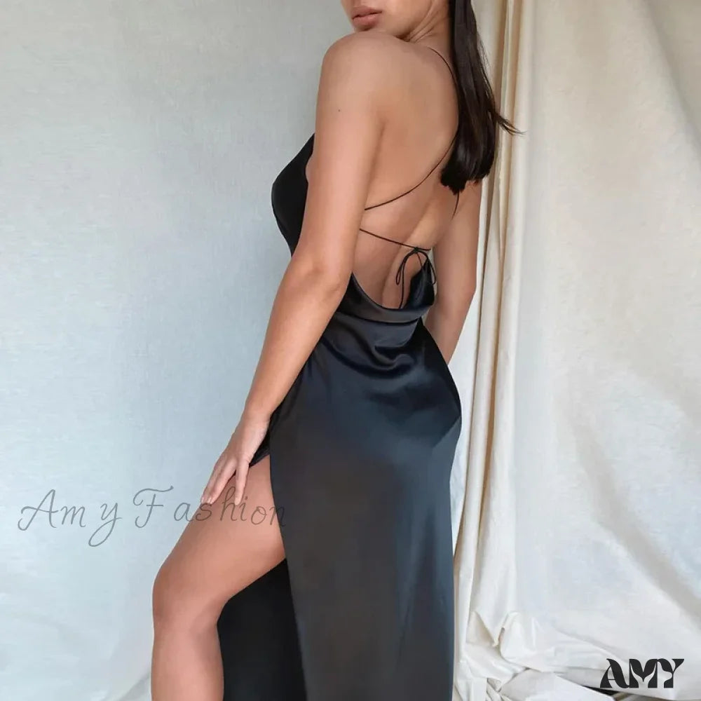 Amy Fashion - Satin Spaghetti Strap Summer Split V-Neck Elegant Sleeveless Backless Club Party