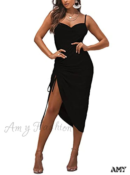 Amy Fashion - Satin Spaghetti Straps Cowl Neck Christmas Midi Dresses