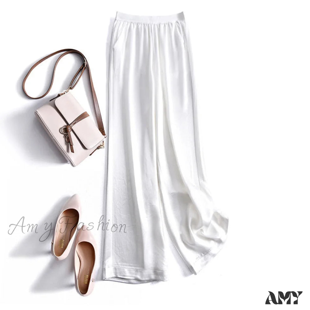 Amy Fashion - Satin Straight-Leg Casual Pants White / S