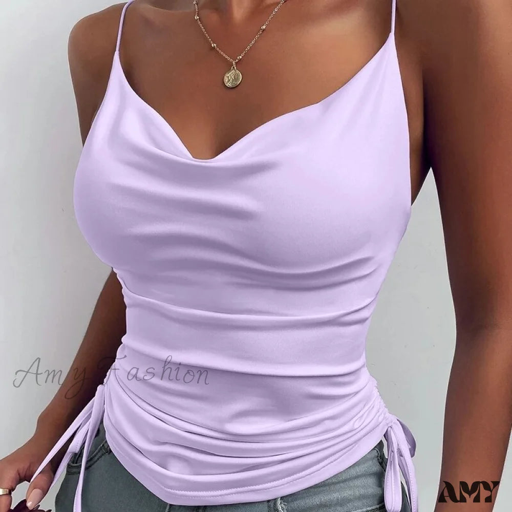 Amy Fashion - Satin Thin Solid Y2K Camis Purple / S