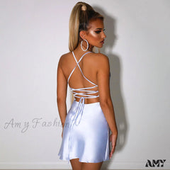 Amy Fashion - Satin V-Neck Spaghetti Strap Mini Party Dresses