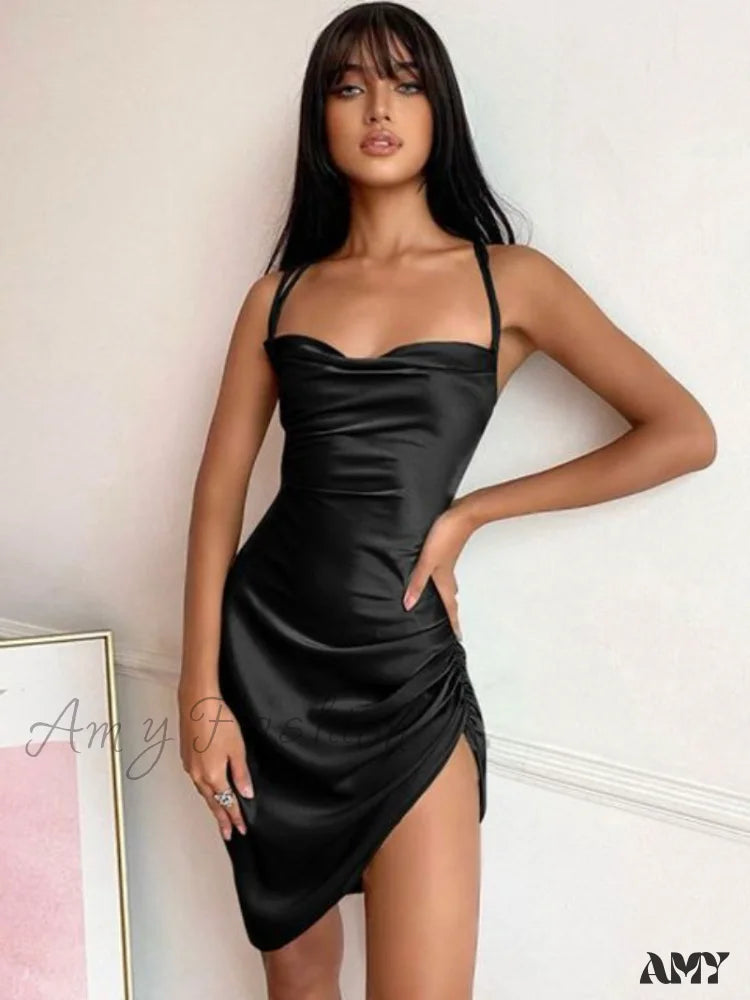 Amy Fashion - Satin Women Strap Mini Dress Black / Xl