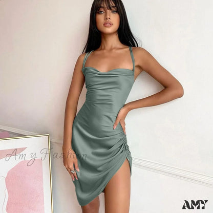 Amy Fashion - Satin Women Strap Mini Dress Dark Green / S