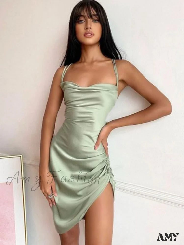 Amy Fashion - Satin Women Strap Mini Dress Green / Xl