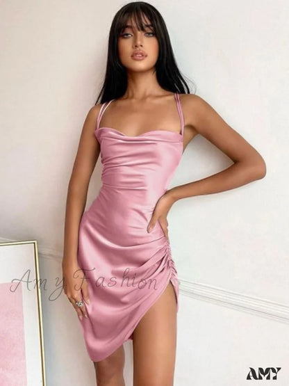 Amy Fashion - Satin Women Strap Mini Dress Pink / Xl