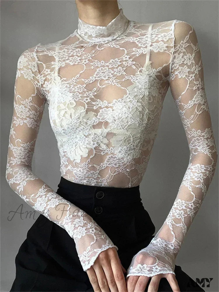 Amy Fashion - See Through Crop Top Long Sleeve High Neck Lace Floral Slim Fit T-Shirts White / S