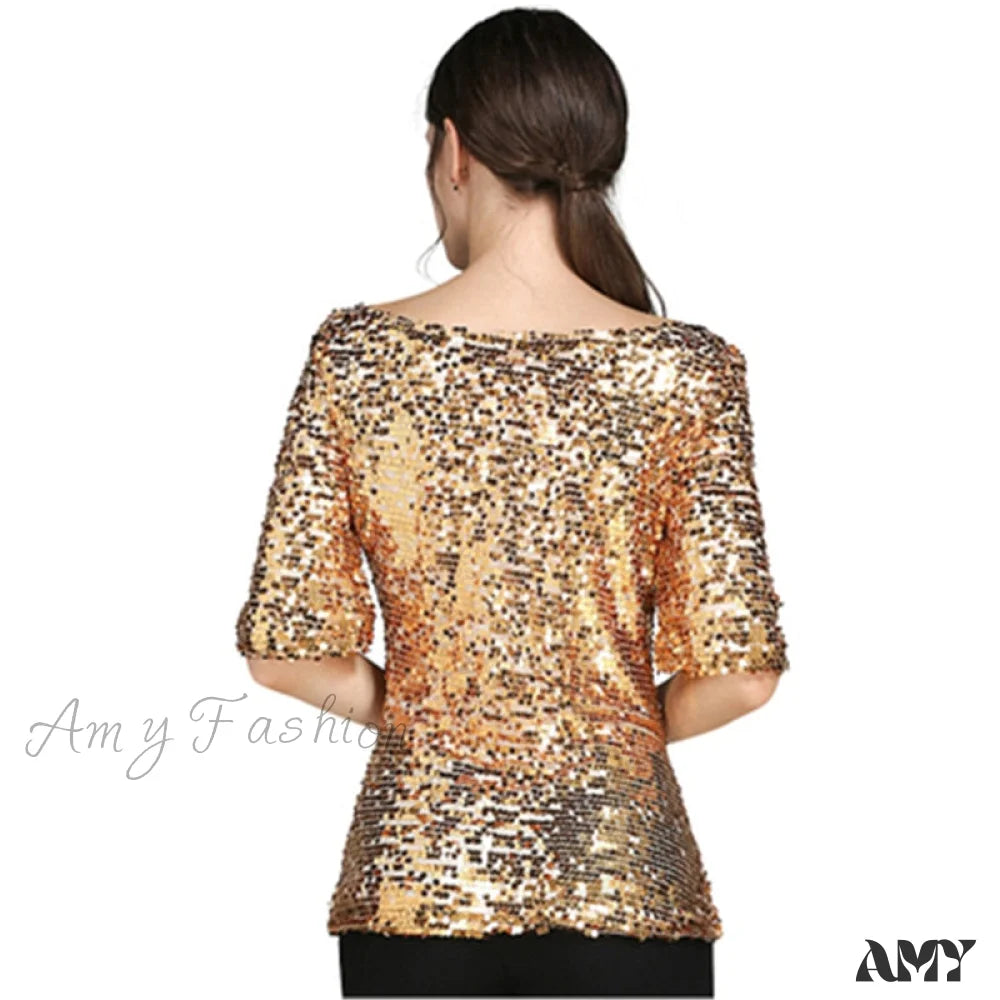 Amy Fashion - Sequined Embroidered Half Sleeve Oversized Shirt
