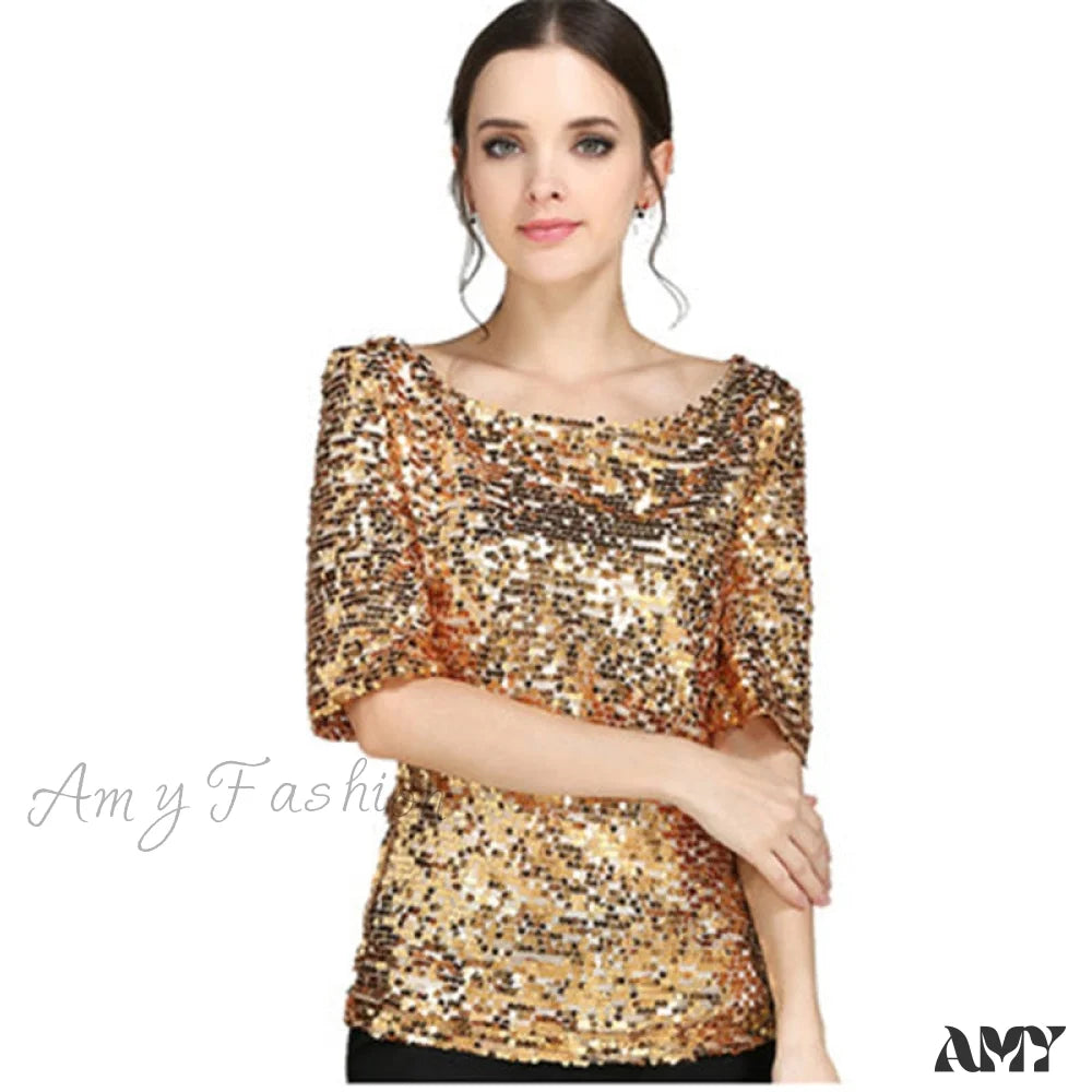 Amy Fashion - Sequined Embroidered Half Sleeve Oversized Shirt