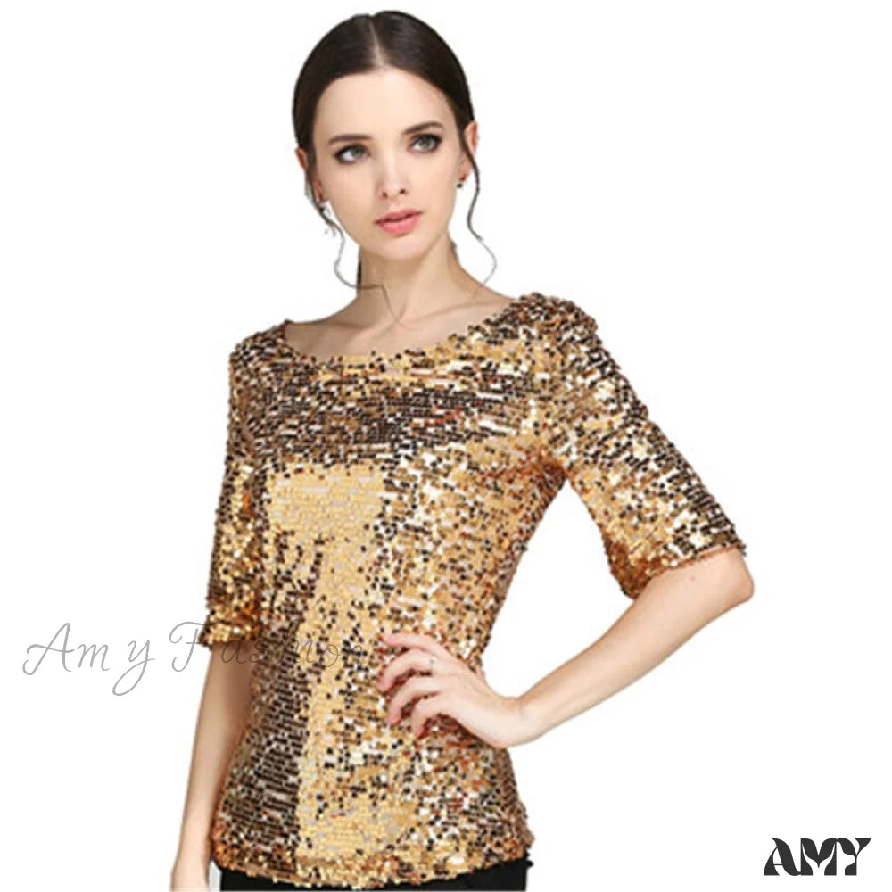 Amy Fashion - Sequined Embroidered Half Sleeve Oversized Shirt