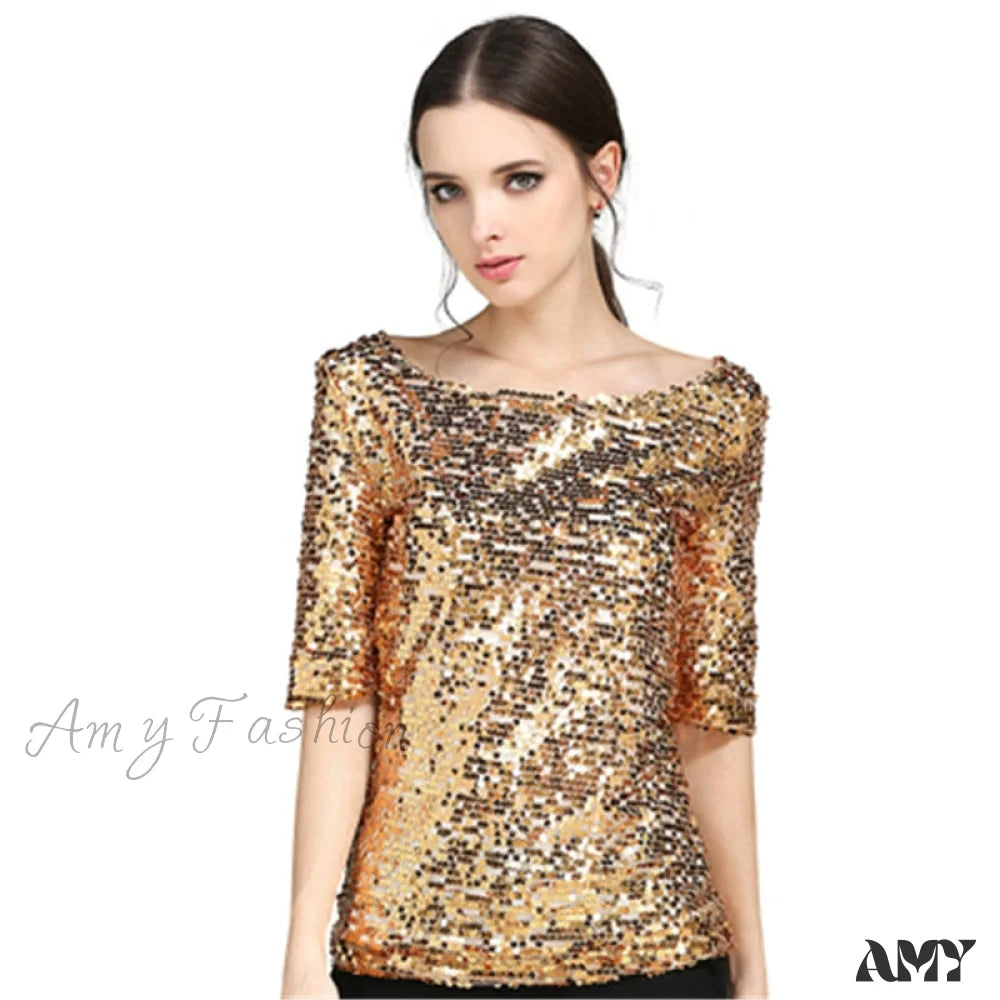 Amy Fashion - Sequined Embroidered Half Sleeve Oversized Shirt
