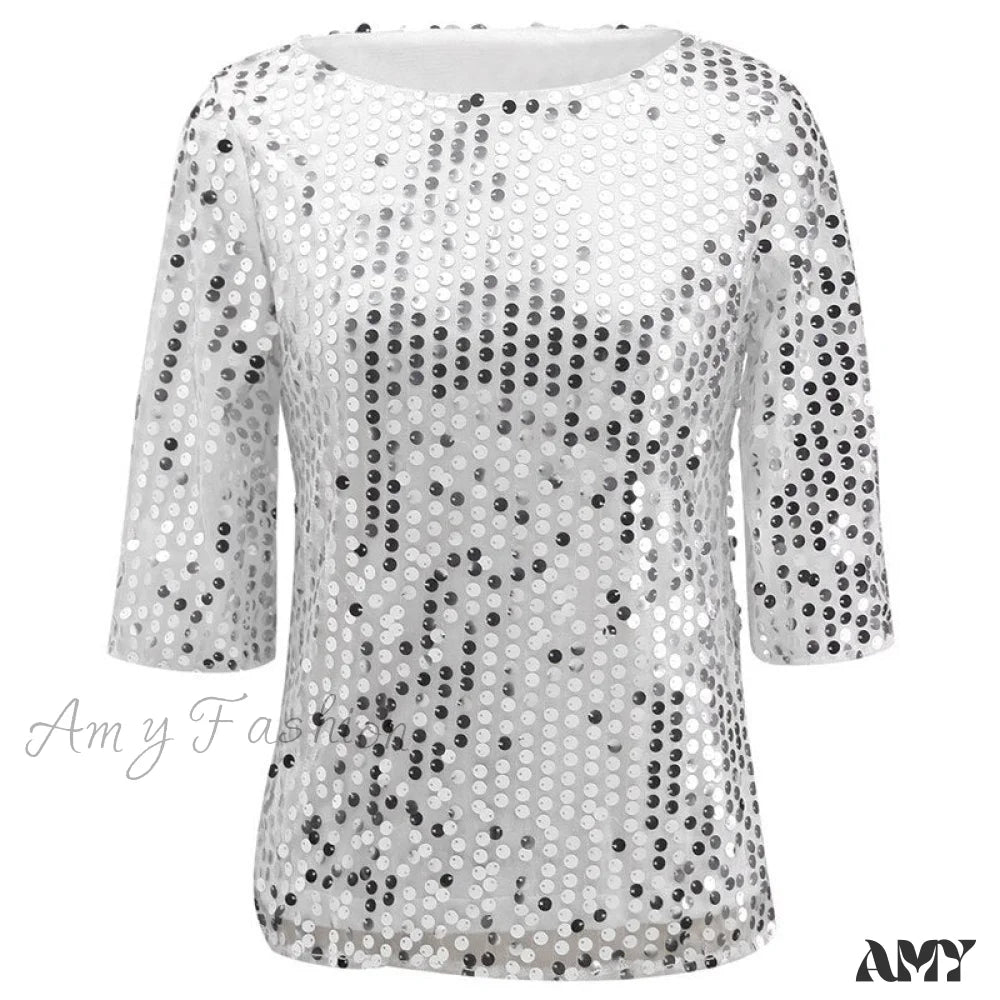 Amy Fashion - Sequined Embroidered Half Sleeve Oversized Shirt