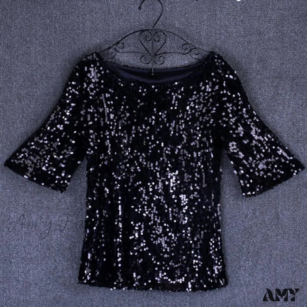 Amy Fashion - Sequined Embroidered Half Sleeve Oversized Shirt Black / S