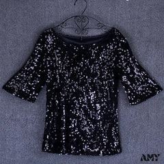 Amy Fashion - Sequined Embroidered Half Sleeve Oversized Shirt Black / S