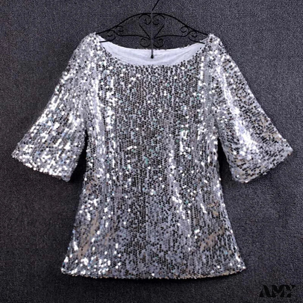Amy Fashion - Sequined Embroidered Half Sleeve Oversized Shirt Silver / S