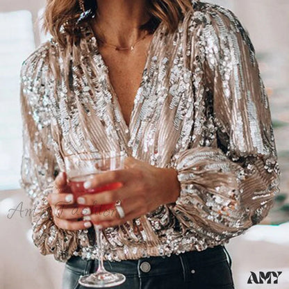 Amy Fashion - Sequins V Neck Office Lady Lantern Sleeve Blouse