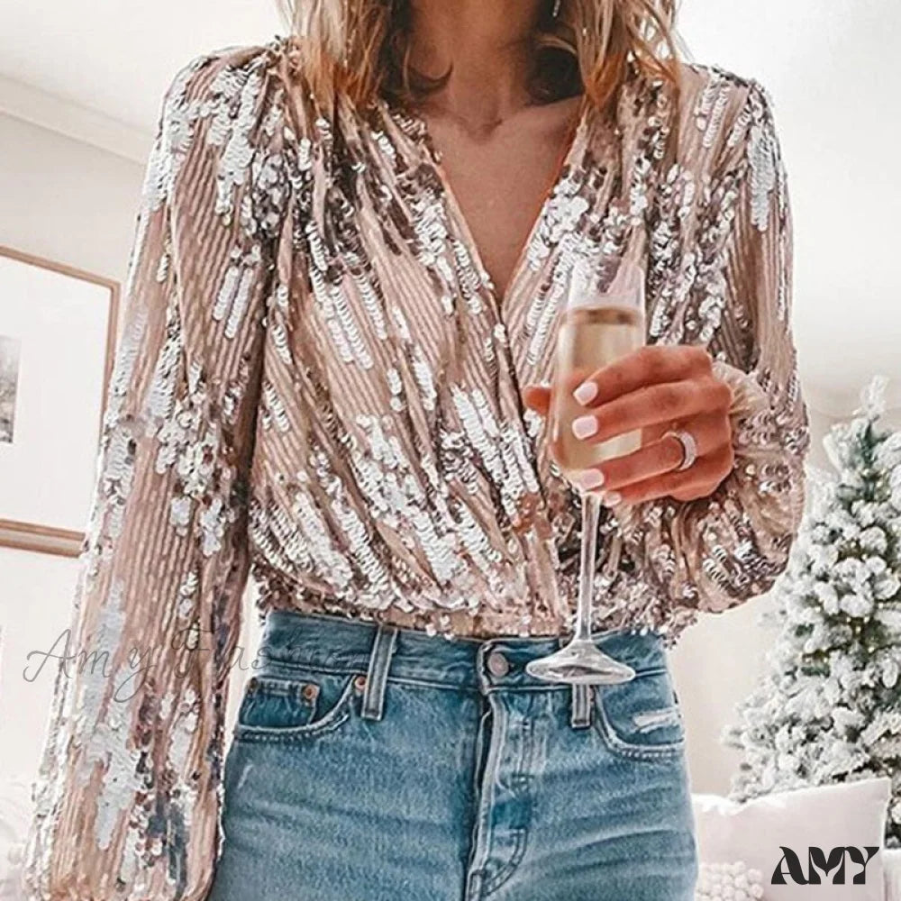 Amy Fashion - Sequins V Neck Office Lady Lantern Sleeve Blouse