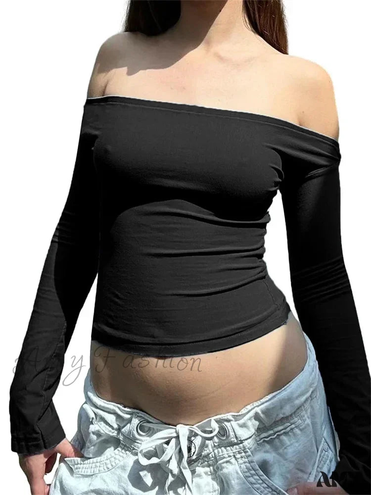 Amy Fashion - Sexy Aesthetic Club Slash Neckfairy Grunge Basic T-Shirts Black / S