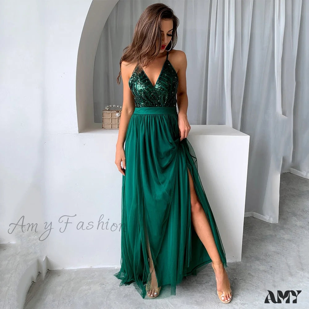 Amy Fashion - Sexy Backless Mesh Long Bodycon Christmas Evening Dresses Green / Xs