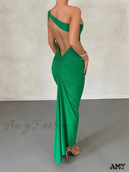 Amy Fashion - Sexy Backless Ruched Women Sleeveless Single Strap Off Shoulder Bodycon Party Club