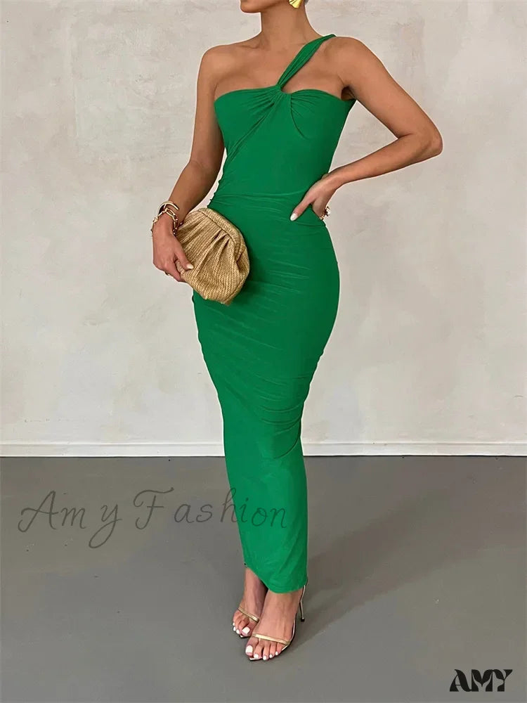 Amy Fashion - Sexy Backless Ruched Women Sleeveless Single Strap Off Shoulder Bodycon Party Club