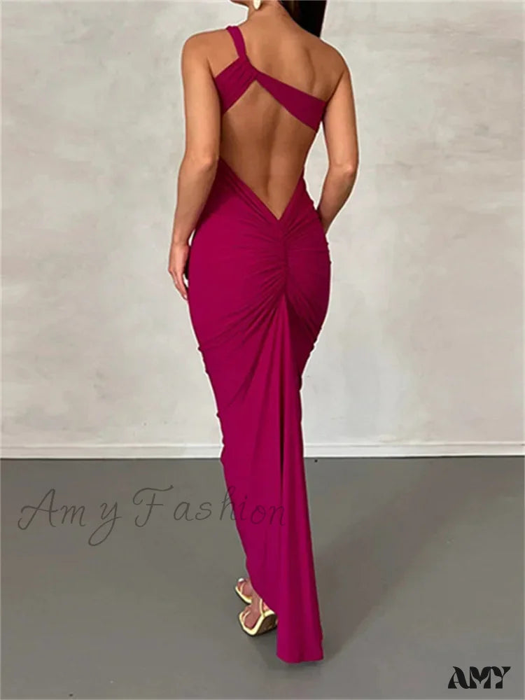 Amy Fashion - Sexy Backless Ruched Women Sleeveless Single Strap Off Shoulder Bodycon Party Club