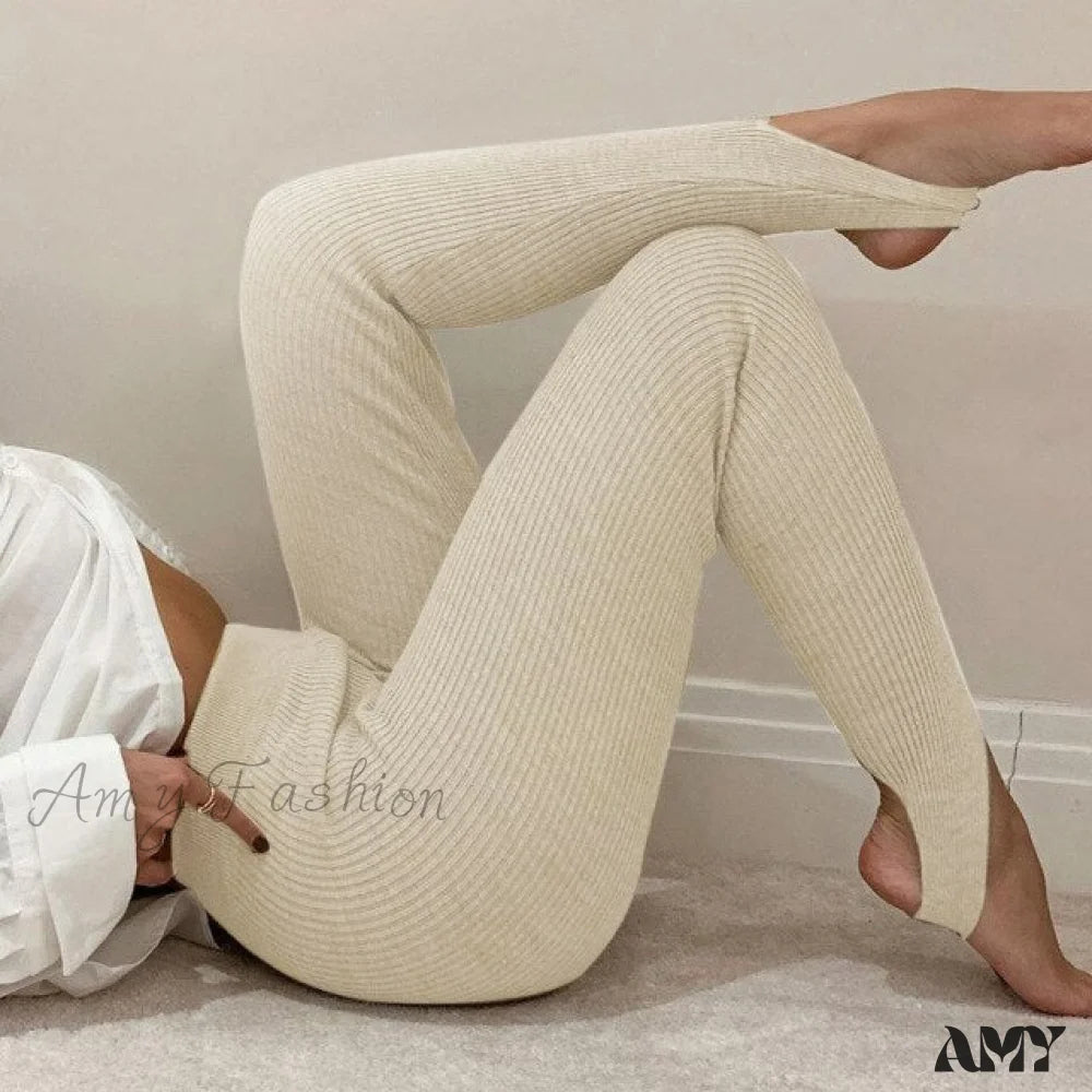 Amy Fashion - Sexy Bodycon Knitted High Waist Pants Beige / S