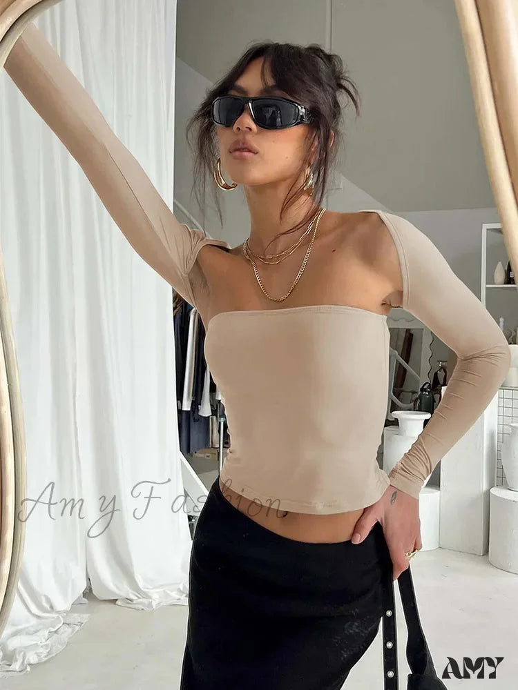 Amy Fashion - Sexy Bra Tie Waist Long Sleeve Tight Cover Crop Top