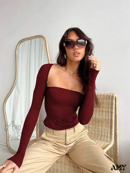 Amy Fashion - Sexy Bra Tie Waist Long Sleeve Tight Cover Crop Top Burgundy / Xs