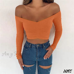 Amy Fashion - Sexy Club Fashion Off Shoulder Solid Color Autumn Crop Top