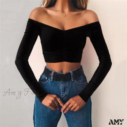 Amy Fashion - Sexy Club Fashion Off Shoulder Solid Color Autumn Crop Top Black / S