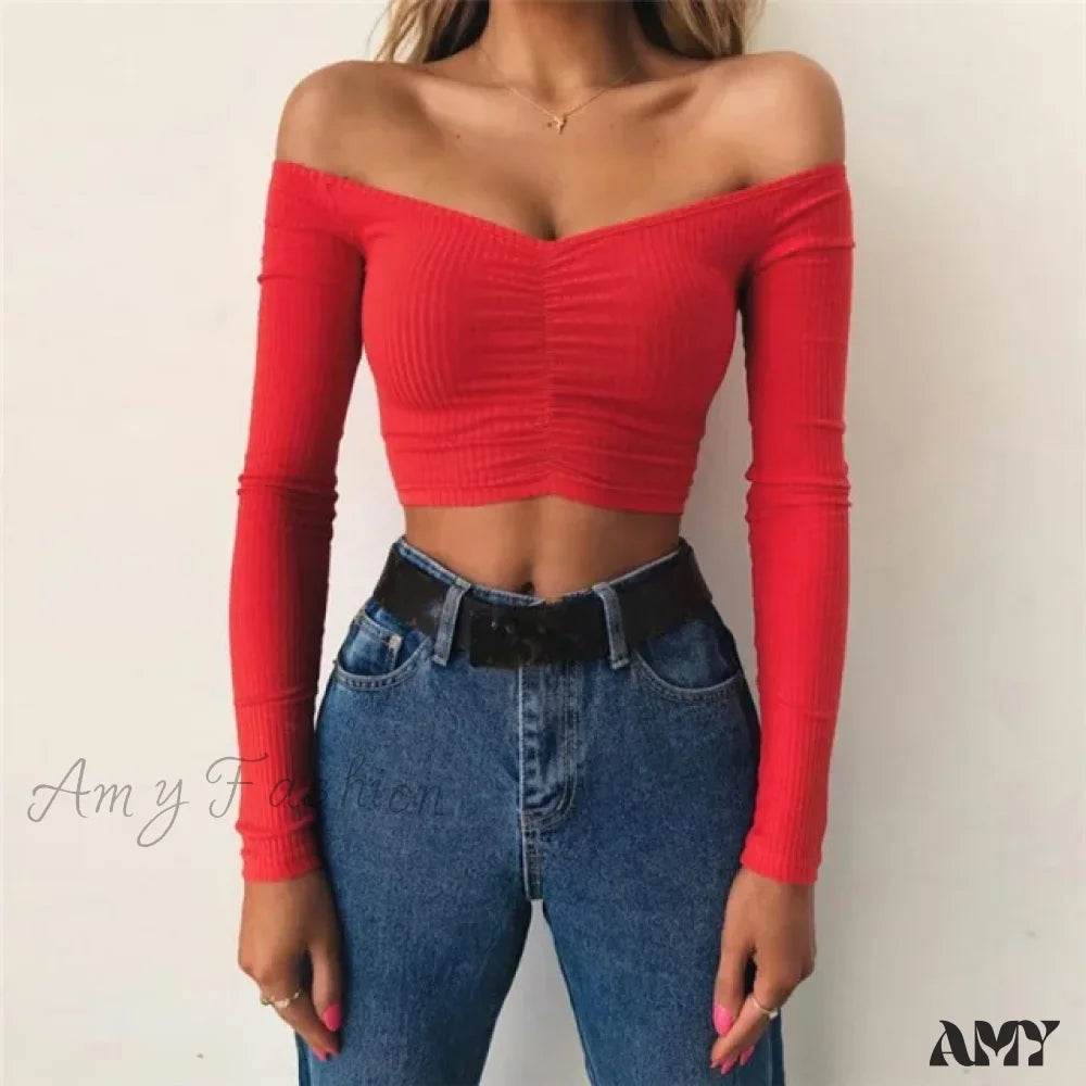 Amy Fashion - Sexy Club Fashion Off Shoulder Solid Color Autumn Crop Top Red / S