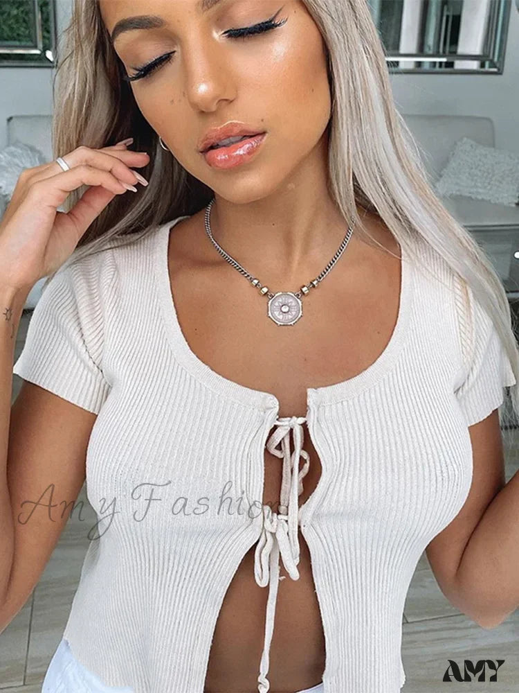 Amy Fashion - Sexy Cropped Lace Up Hollow Out Front Split Slim Streetwear Crop Top